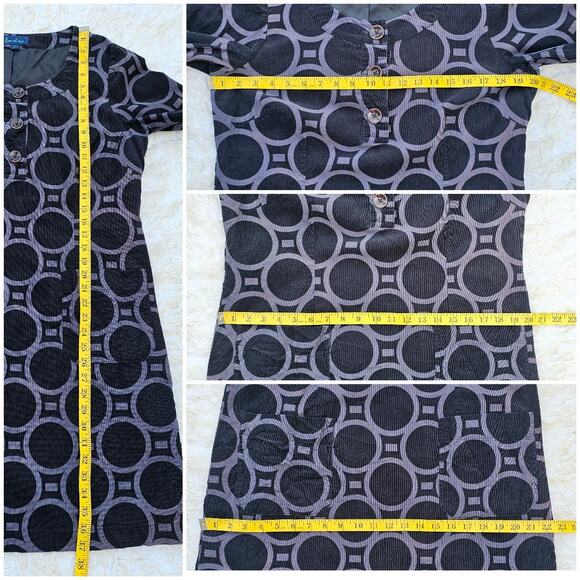Corduroy Dress Boden Size M Black Gray Circle Print Button Crop Sleeve Pockets - Picture 7 of 9